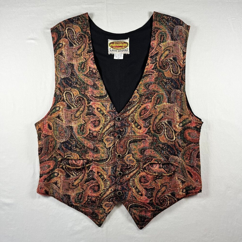Vintage 90s Boho Paisley Tapestry Double-Pocket Vest Hippie Bohemian Grandpa